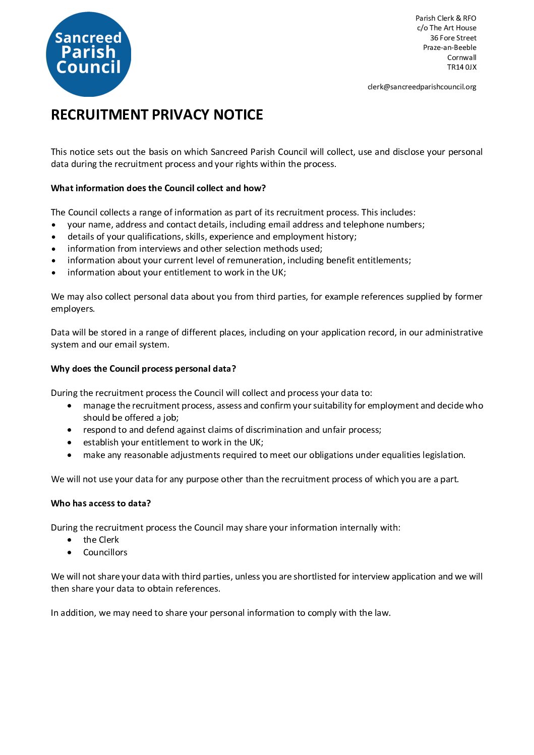 SanPC Recruitment Privacy Notice