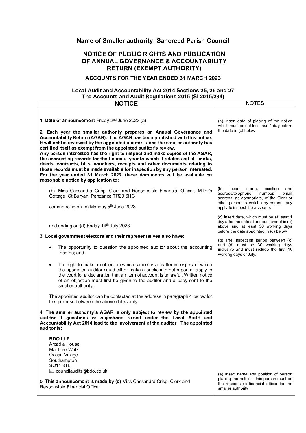 SanPC Notice for the period for the exercise of public rights 2022-23