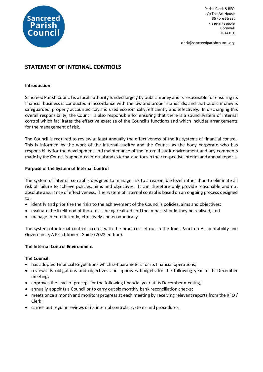 SanPC Statement of Internal Controls 2024