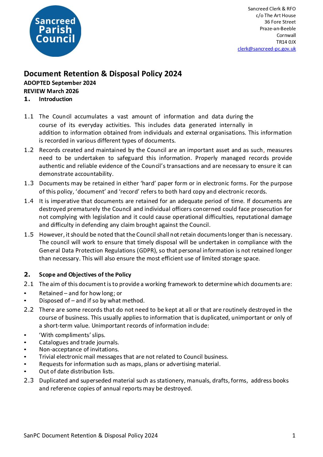 SanPC Document Retention and Disposal Policy 2024
