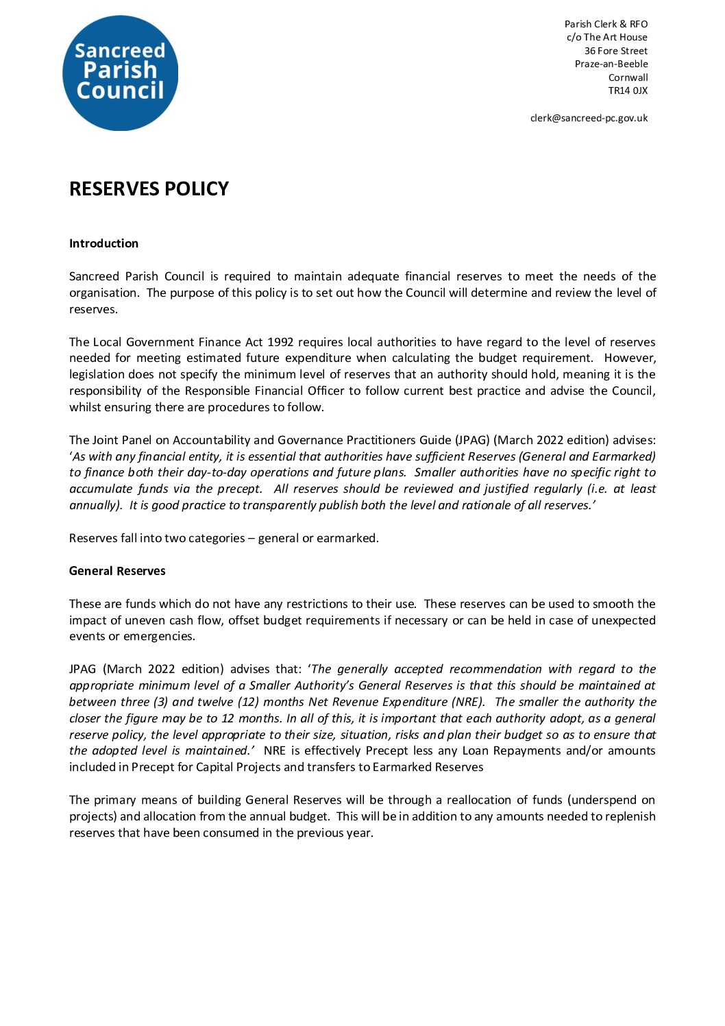 SanPC Reserves Policy