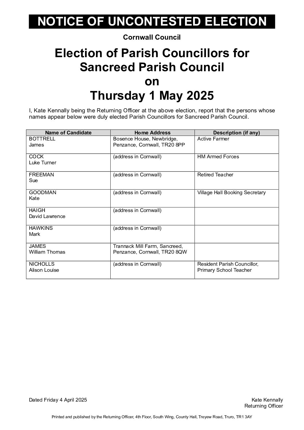 SanPC Notice of Uncontested Election 04-2025