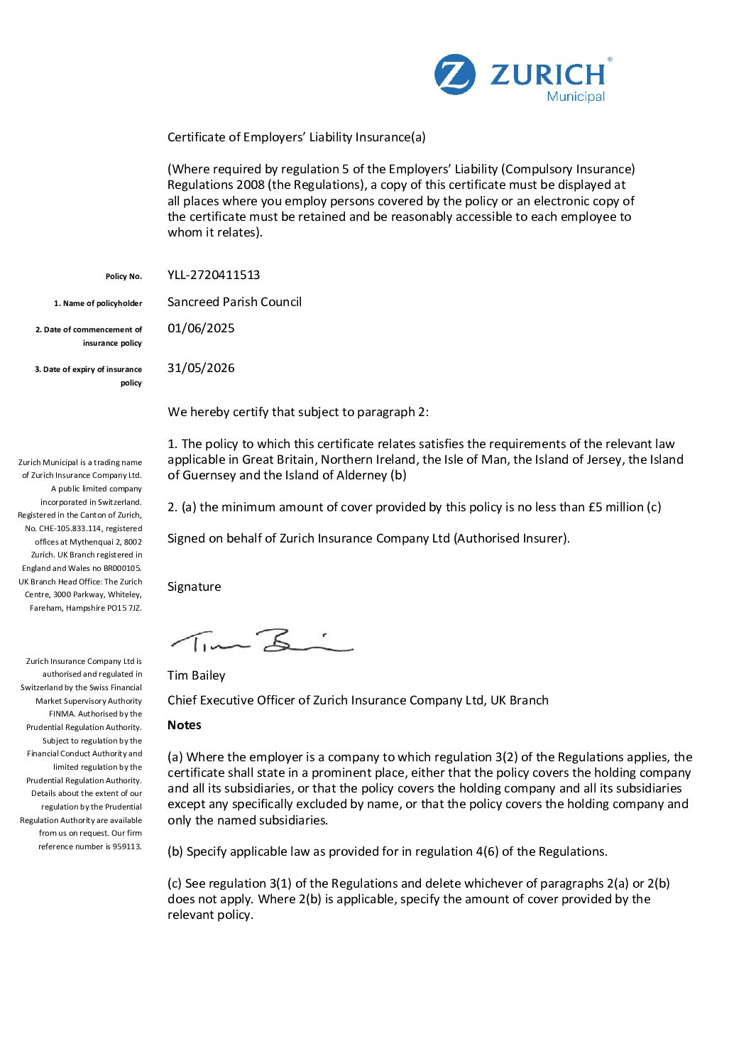 SanPC Employers Liability Certificate 2025-26