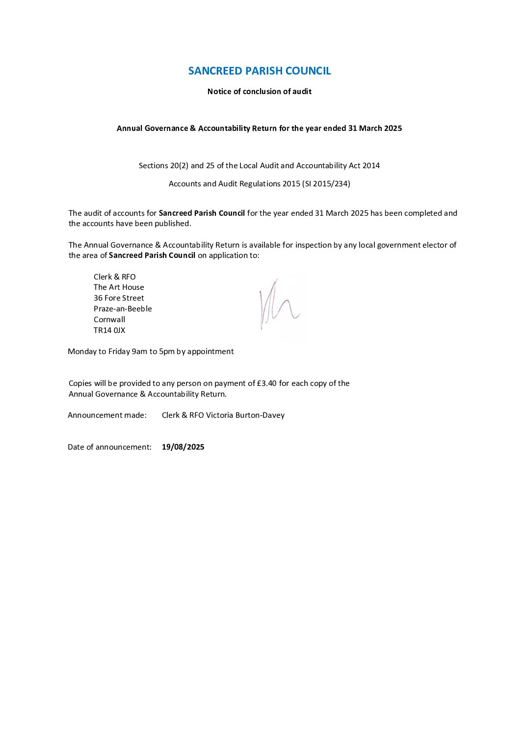 SanPC Notice of Conclusion of Audit 2024-25