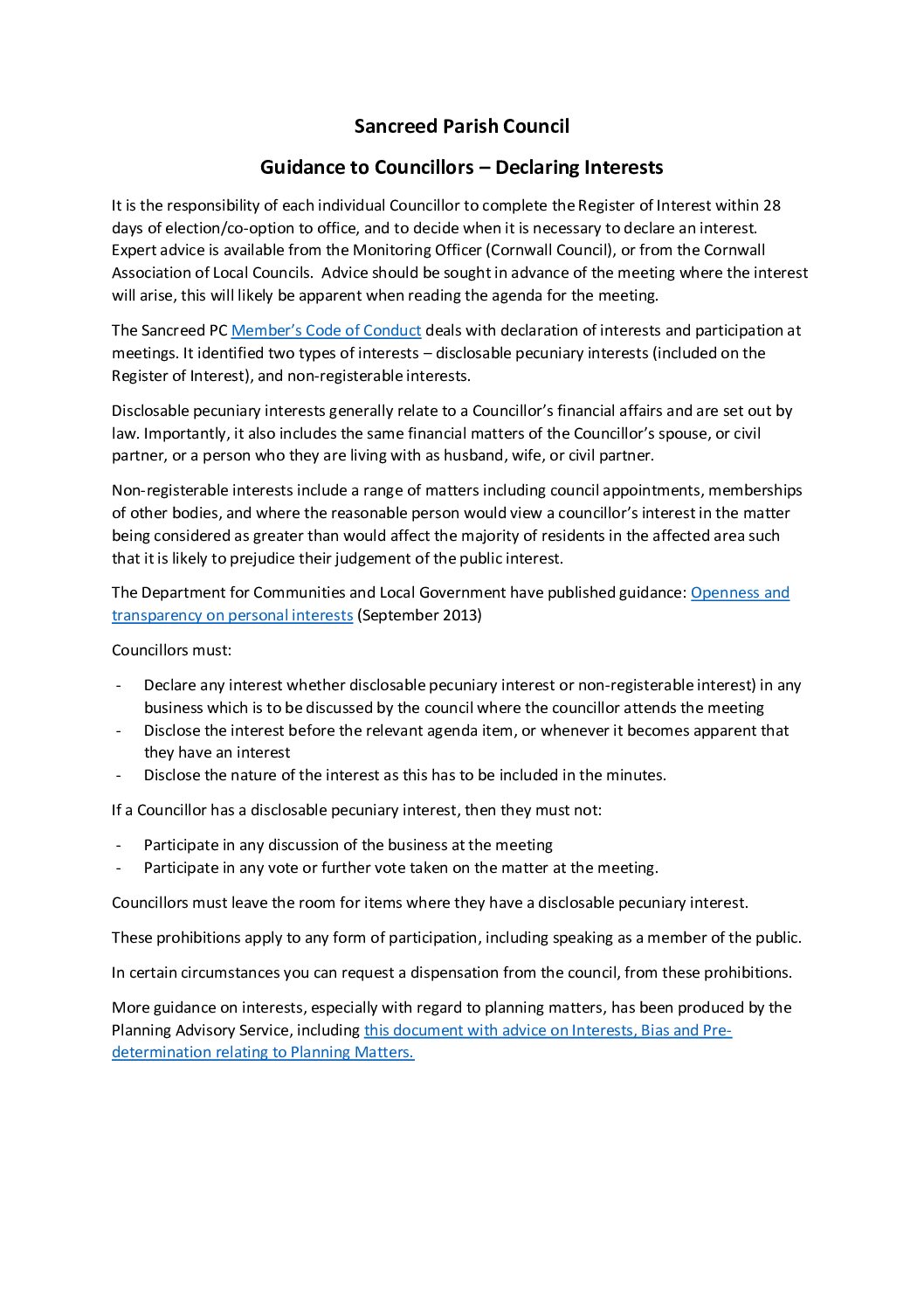 Guidance for parish councillors – Interests