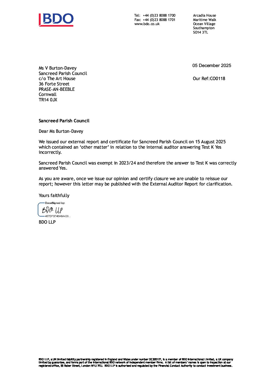 SanPC External Auditor letter, correcting their mistake CO0118   2024/25