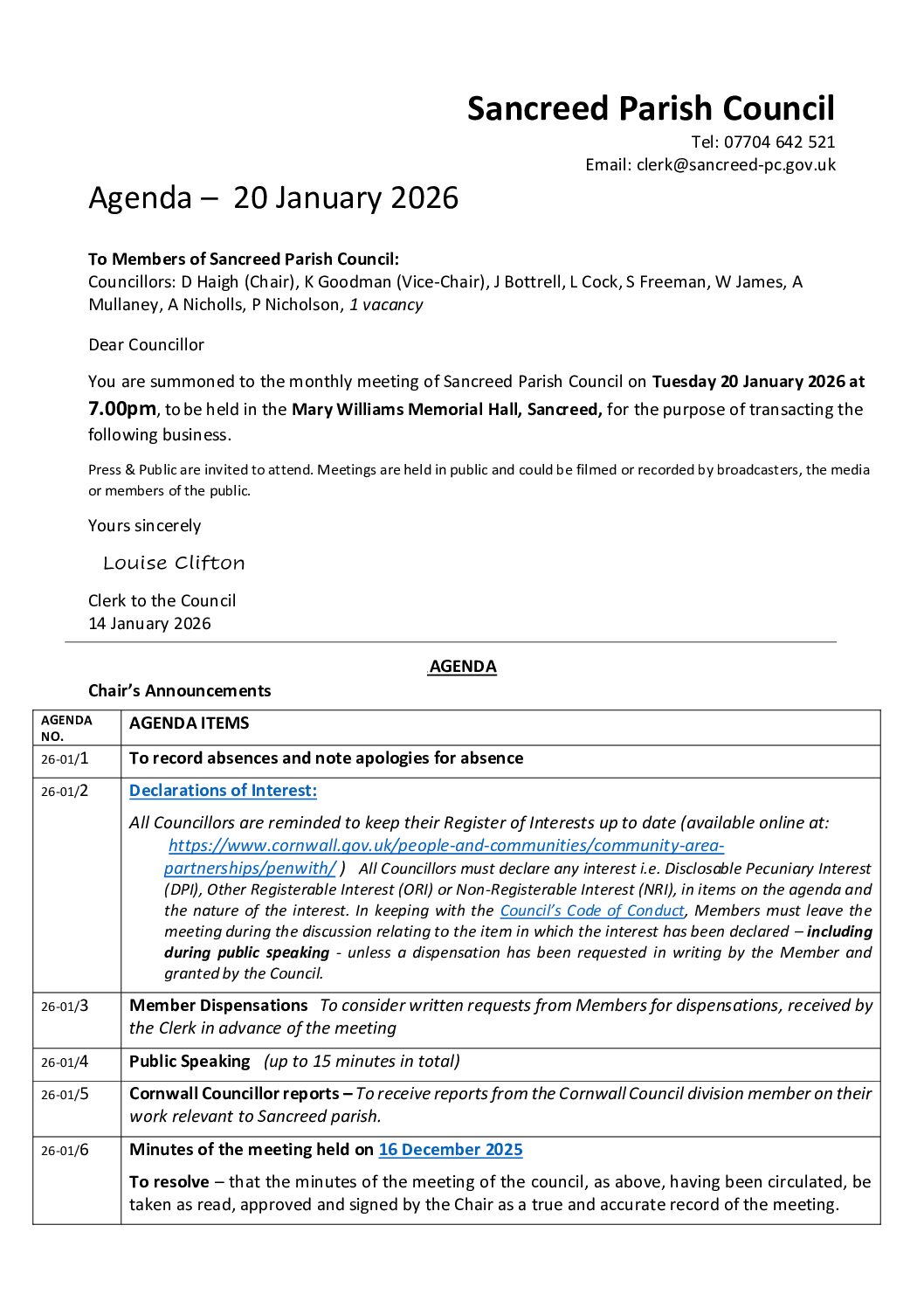agenda – 20 Jan 26 – SanPC – DRAFT
