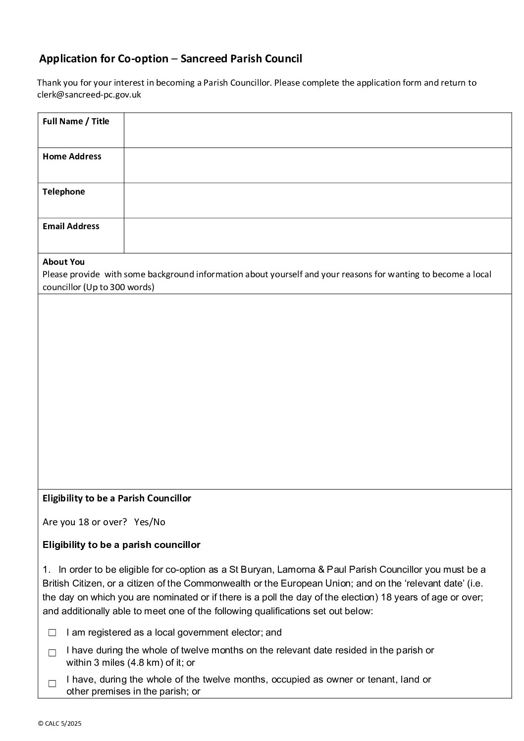 Co-Option Application Form – Sancreed Parish Council
