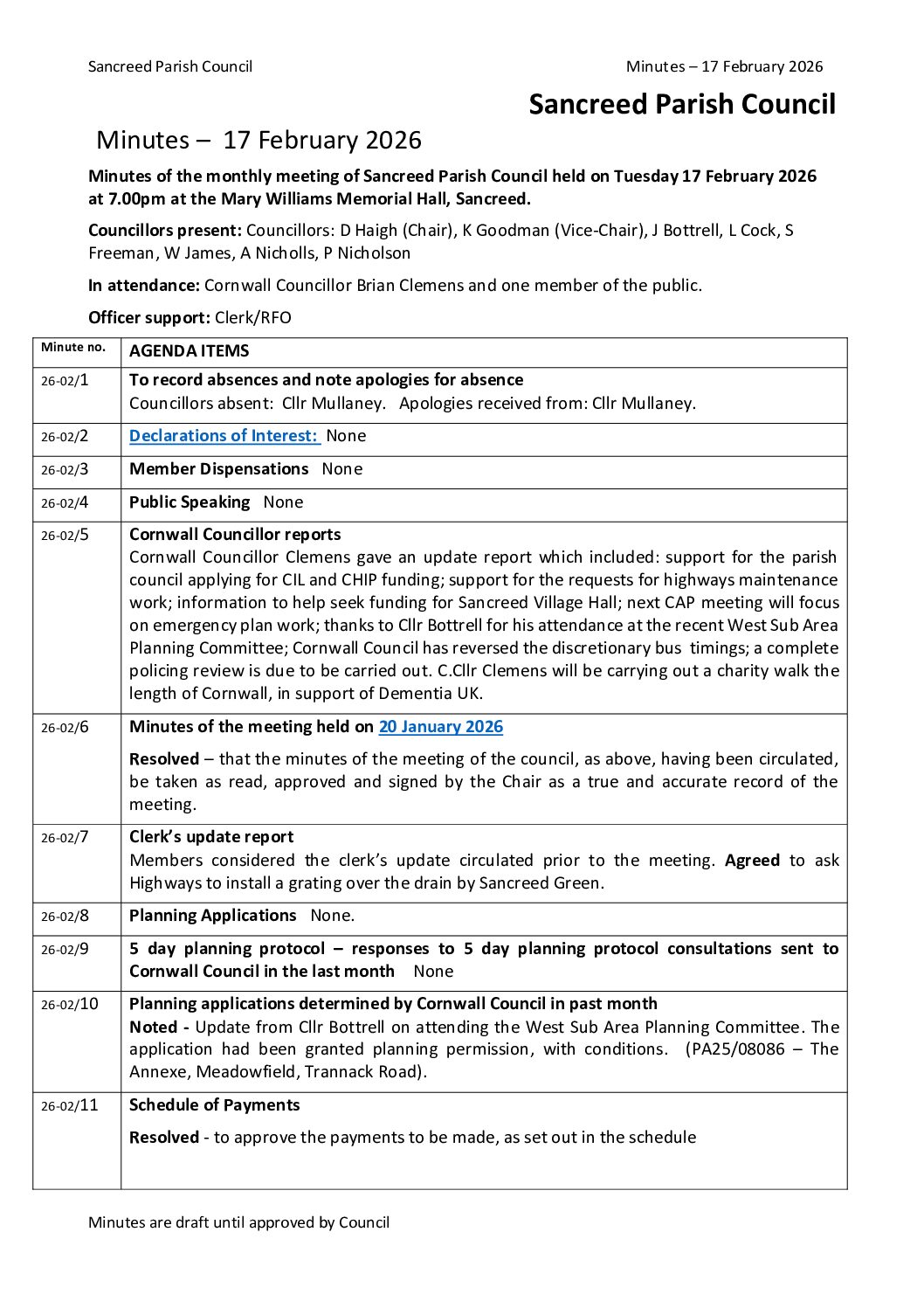 17 February 2026 – council minutes
