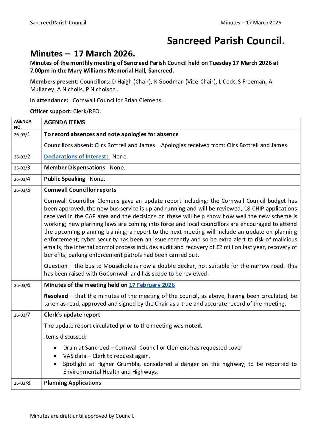 17 March 2026 – Minutes of council meeting