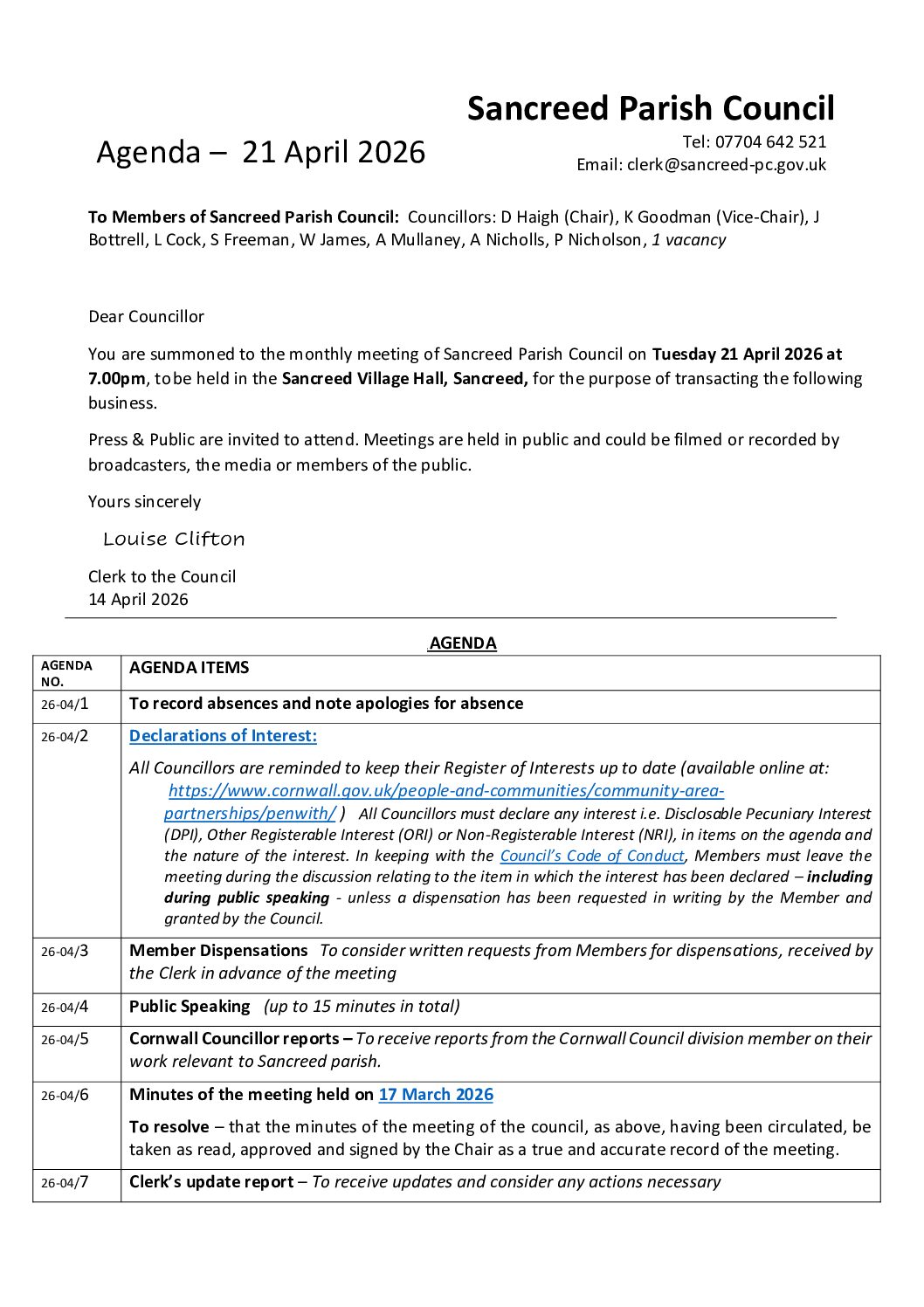21 April 2026 – Agenda, council meeting