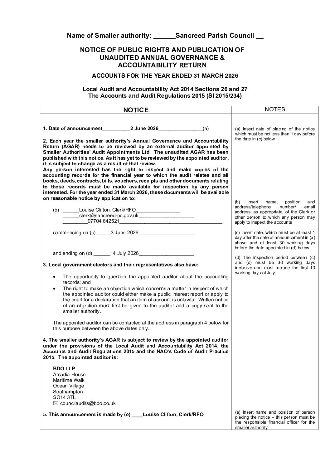 Notice for the period of public rights 2025/26