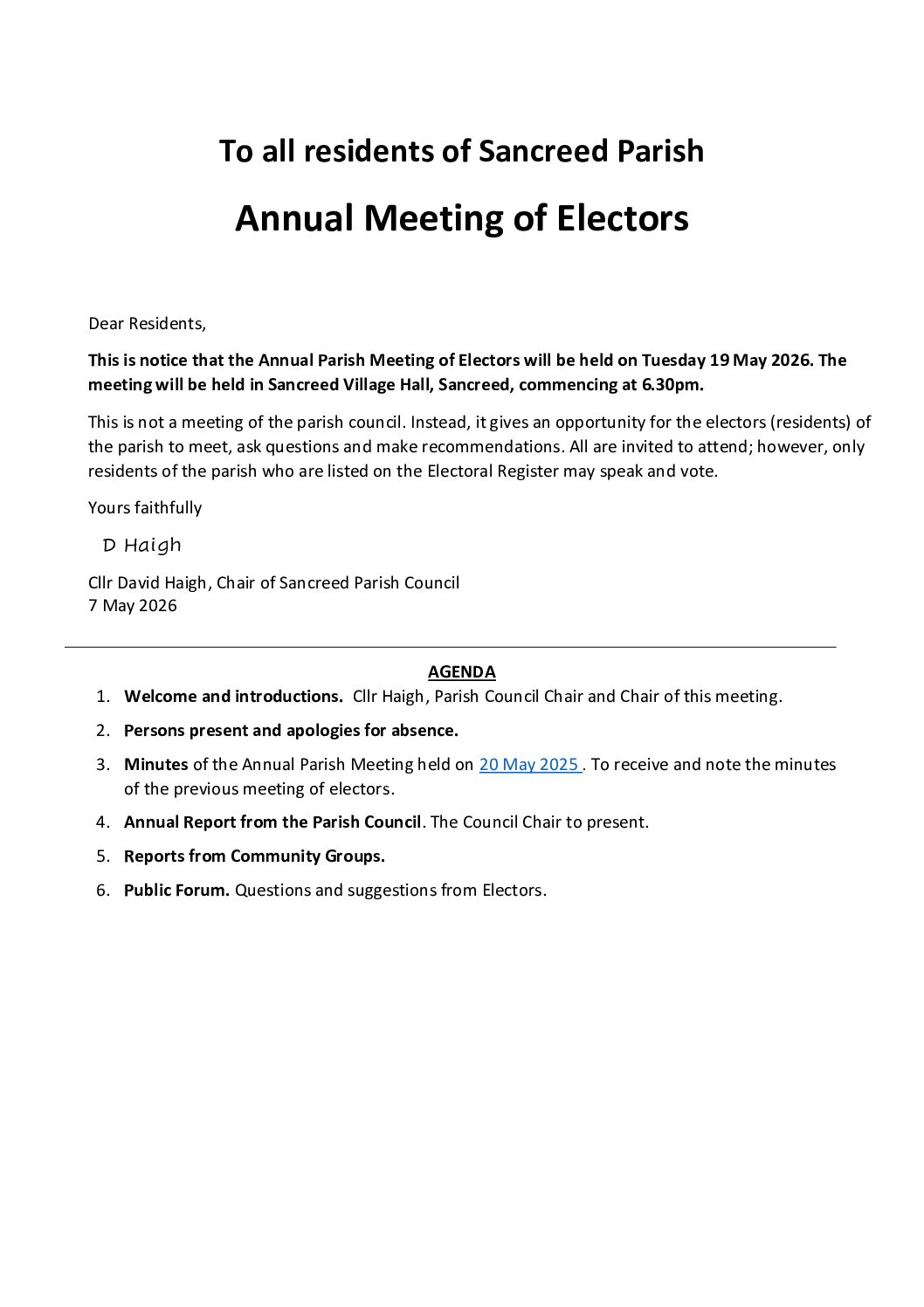 19 May 2026 – Agenda for Annual Parish Meeting of Electors