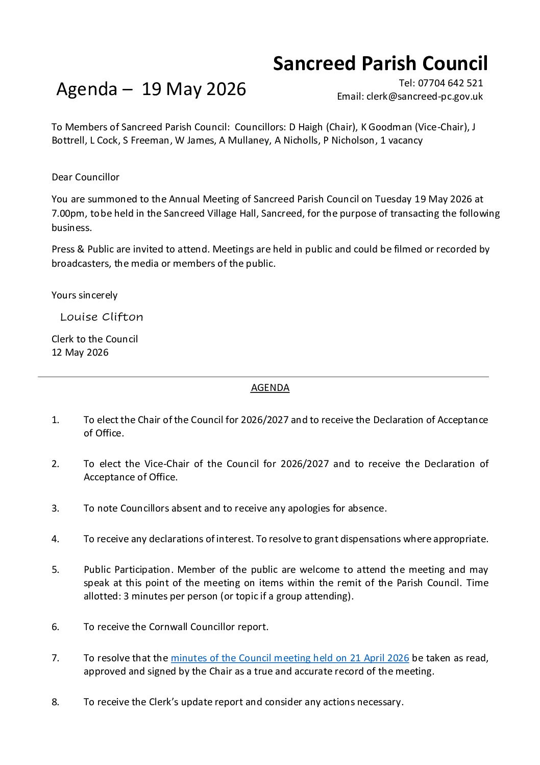 19 May 2026  Agenda – Annual Council Meeting