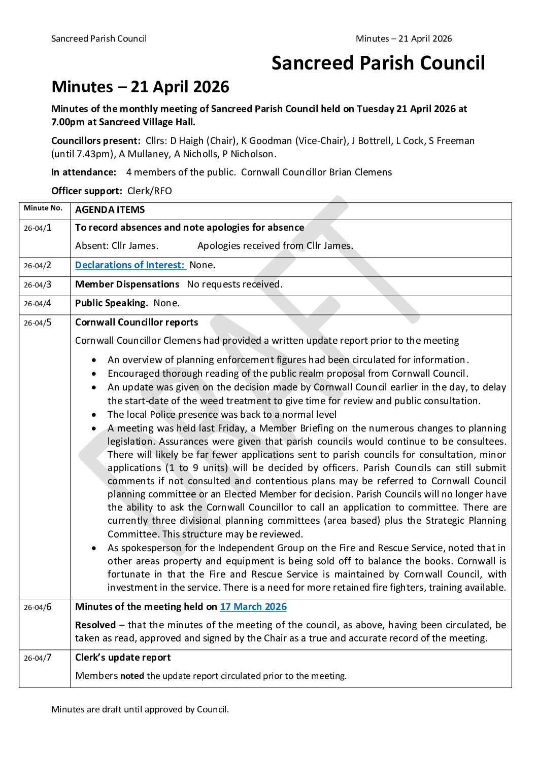 21 April 2026 – Minutes of Council Meeting